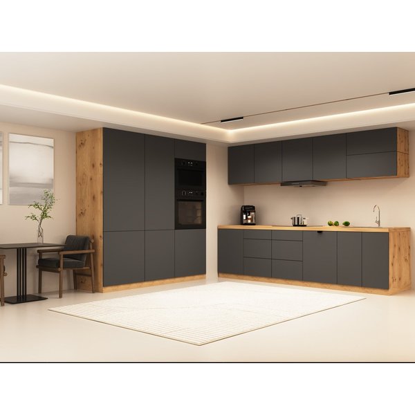 ROYAL24_MARKT Küchenzeile - KL16-M320 - Nexa Grau / Beige / Woodline Matt, (Komplett Set), Top Materialien - Zeitloser Stil - Beste Verarbeitung