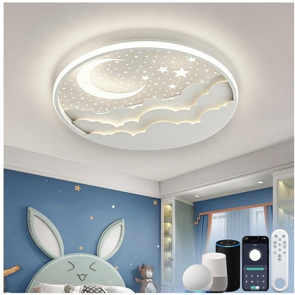 RRBEST Deckenleuchte LED Kinder Deckenlampe, Stern Mond Deckenleuchte Mit Fernbedienung, Warm, Natural, Kalt, Kinderzimmer Dimmbar Deckenleuchten, Schlafzimmer 