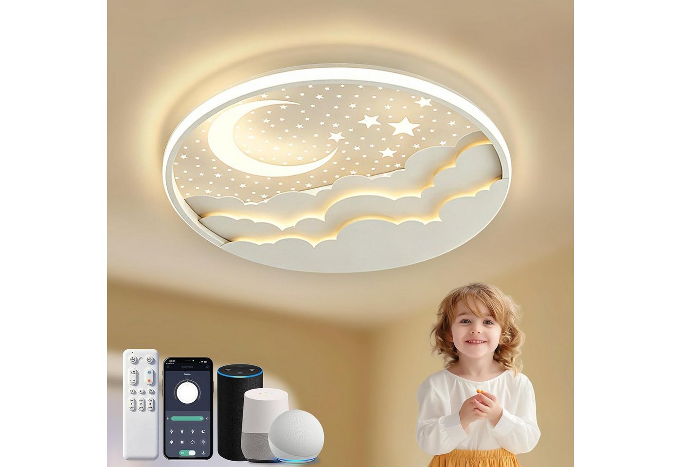 RRBEST Deckenleuchte LED Kinder Deckenlampe, Stern Mond Deckenleuchte Mit Fernbedienung, Warm, Natural, Kalt, Kinderzimmer Dimmbar Deckenleuchten, Schlafzimmer  – Bild 2 von 5