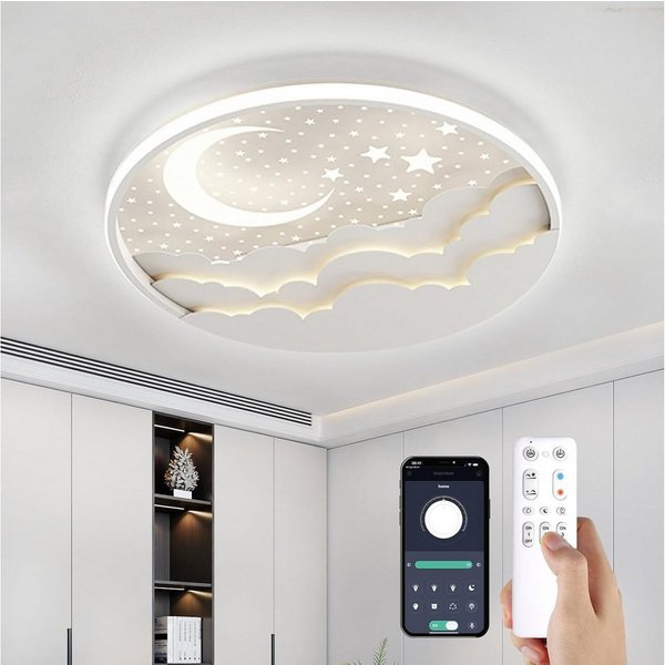 RRBEST Deckenleuchte LED Kinder Deckenlampe, Stern Mond Deckenleuchte Mit Fernbedienung, Warm, Natural, Kalt, Kinderzimmer Dimmbar Deckenleuchten, Schlafzimmer 