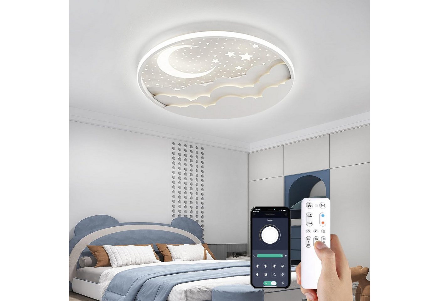 RRBEST Deckenleuchte LED Kinder Deckenlampe, Stern Mond Deckenleuchte Mit Fernbedienung, Warm, Natural, Kalt, Kinderzimmer Dimmbar Deckenleuchten, Schlafzimmer  – Bild 3 von 5