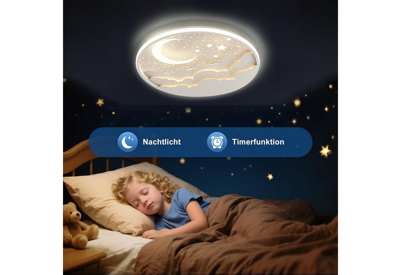 RRBEST Deckenleuchte LED Kinder Deckenlampe, Stern Mond Deckenleuchte Mit Fernbedienung, Warm, Natural, Kalt, Kinderzimmer Dimmbar Deckenleuchten, Schlafzimmer  – Bild 5 von 5