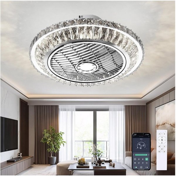 RRBEST Deckenventilator LED Deckenventilator, Leise Kristall Ventilator Kronleuchte, 72W Moderne Fan Deckenlampe mit Fernbedienung