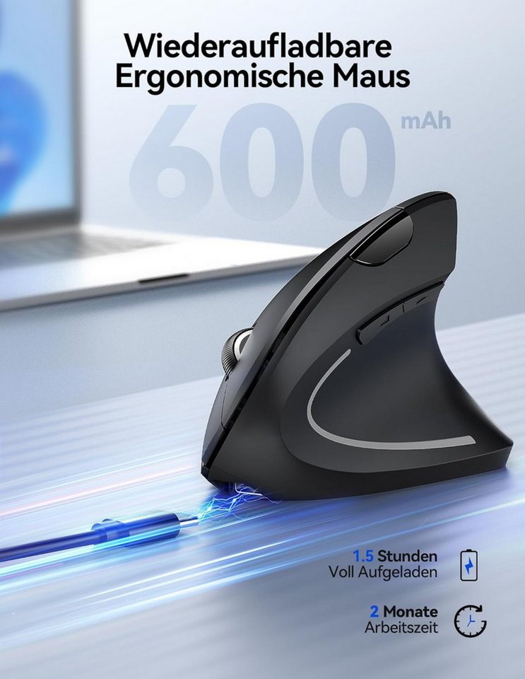 RUHE Ergonomische Maus Kabellose Bluetooth Vertikale Maus Optisch Leise RGB ergonomische Maus (Bluetooth, Funk, kabelgebunden, 2.5G, USB-Dongel, Kabelgebundenes – Bild 2 von 5