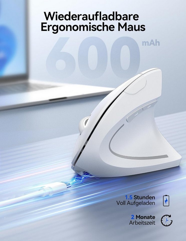 RUHE Ergonomische Maus Kabellose Bluetooth Vertikale Maus Optisch Leise RGB ergonomische Maus (Bluetooth, Funk, kabelgebunden, 2.5G, USB-Dongel, Kabelgebundenes – Bild 2 von 5