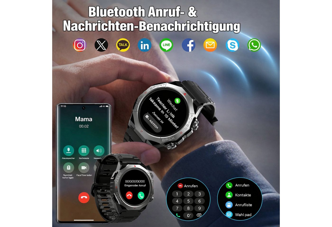 RUHE Smartwatch Telefonfunktion Herren Schrittezähler Touchscreen Silikon Smartwatch (3,53 cm/1.39 Zoll, Android und iOS) Sportuhr, 1-tlg., Herzfrequenzmonitor  – Bild 2 von 5