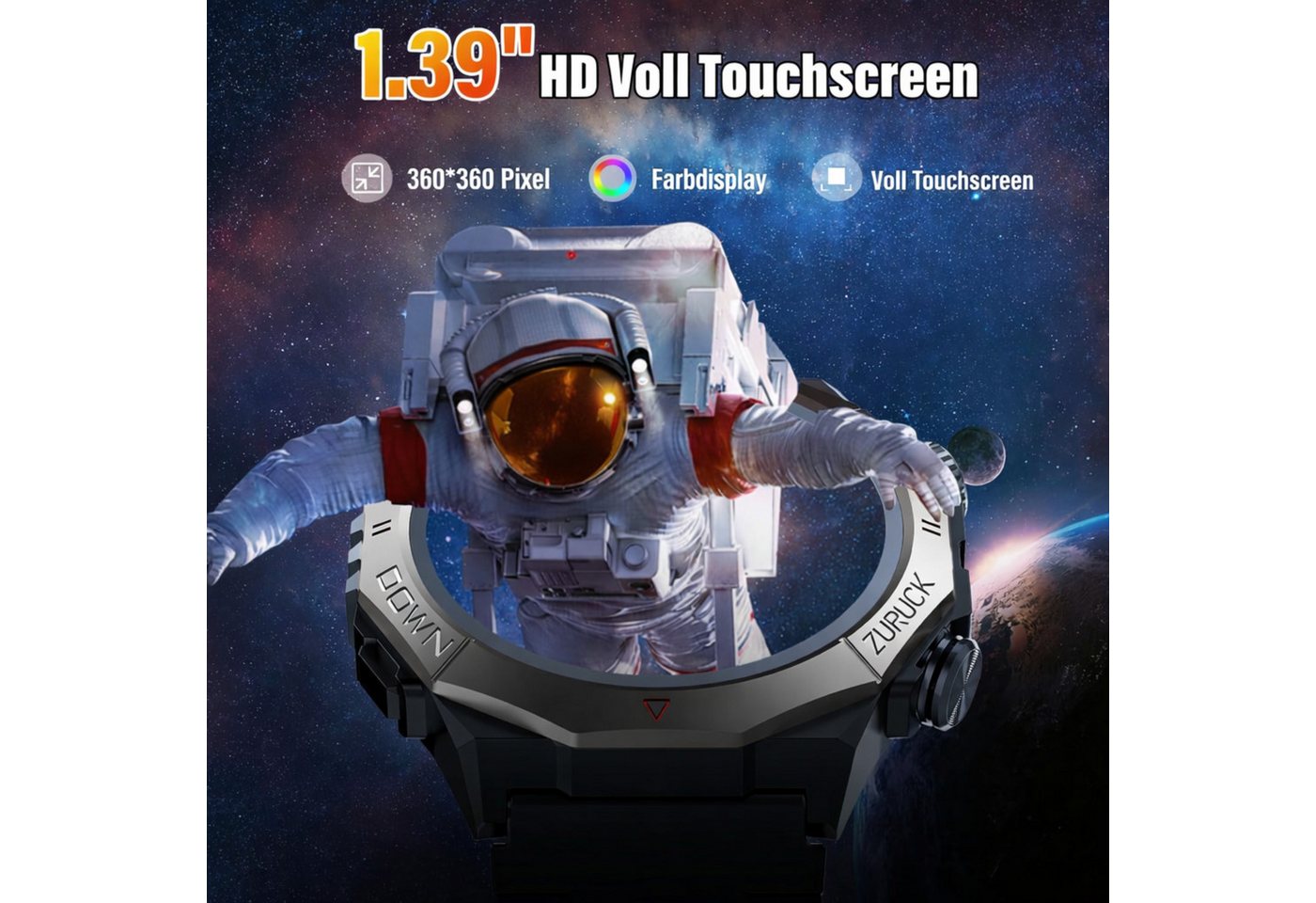 RUHE Smartwatch Telefonfunktion Herren Schrittezähler Touchscreen Silikon Smartwatch (3,53 cm/1.39 Zoll, Android und iOS) Sportuhr, 1-tlg., Herzfrequenzmonitor  – Bild 4 von 5