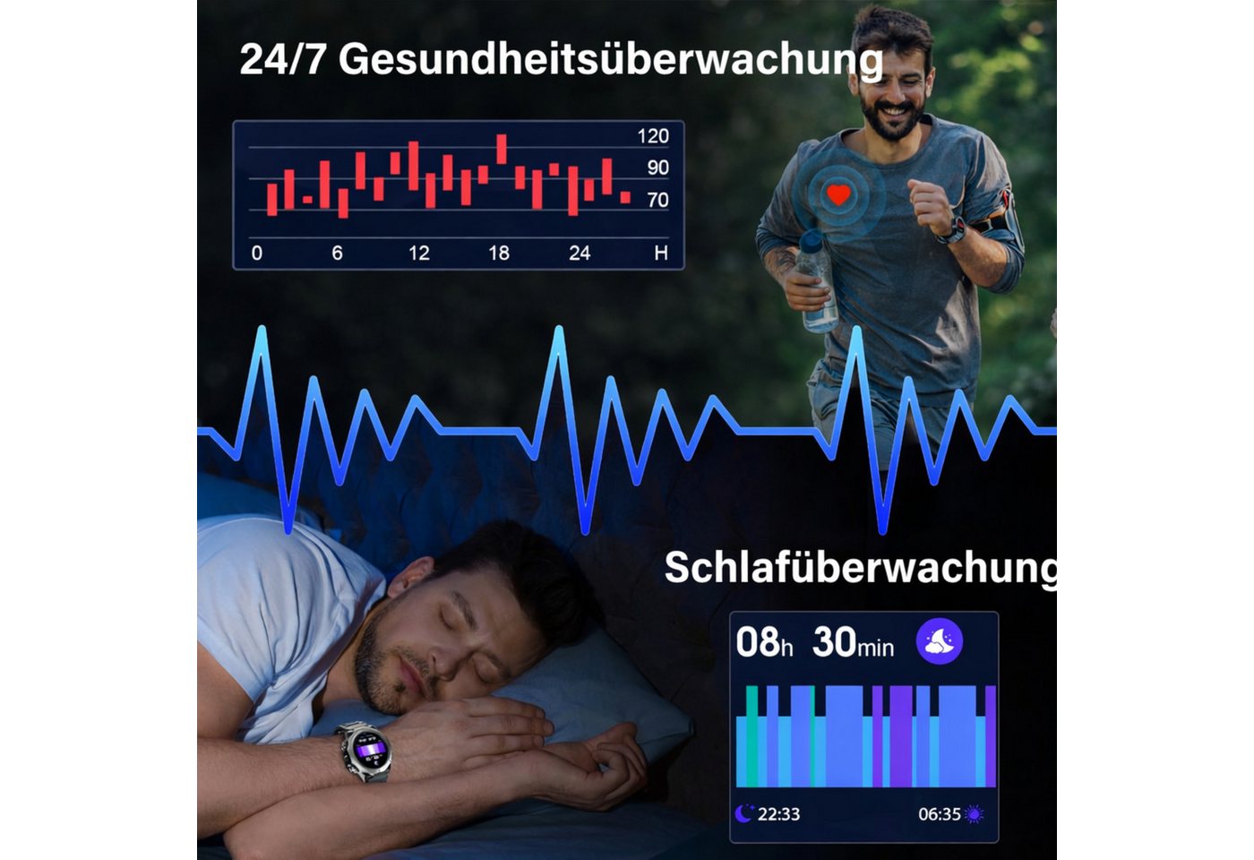 RUHE Smartwatch Telefonfunktion Herren Schrittezähler Touchscreen Silikon Smartwatch (3,53 cm/1.39 Zoll, Android und iOS) Sportuhr, 1-tlg., Herzfrequenzmonitor  – Bild 5 von 5