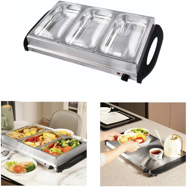 Rungassi Bratpfanne 3 Behälter Speisewärmer Warmhalteplatte Buffetwärmer 2in1 Catering, Edelstahl / Kunststoff