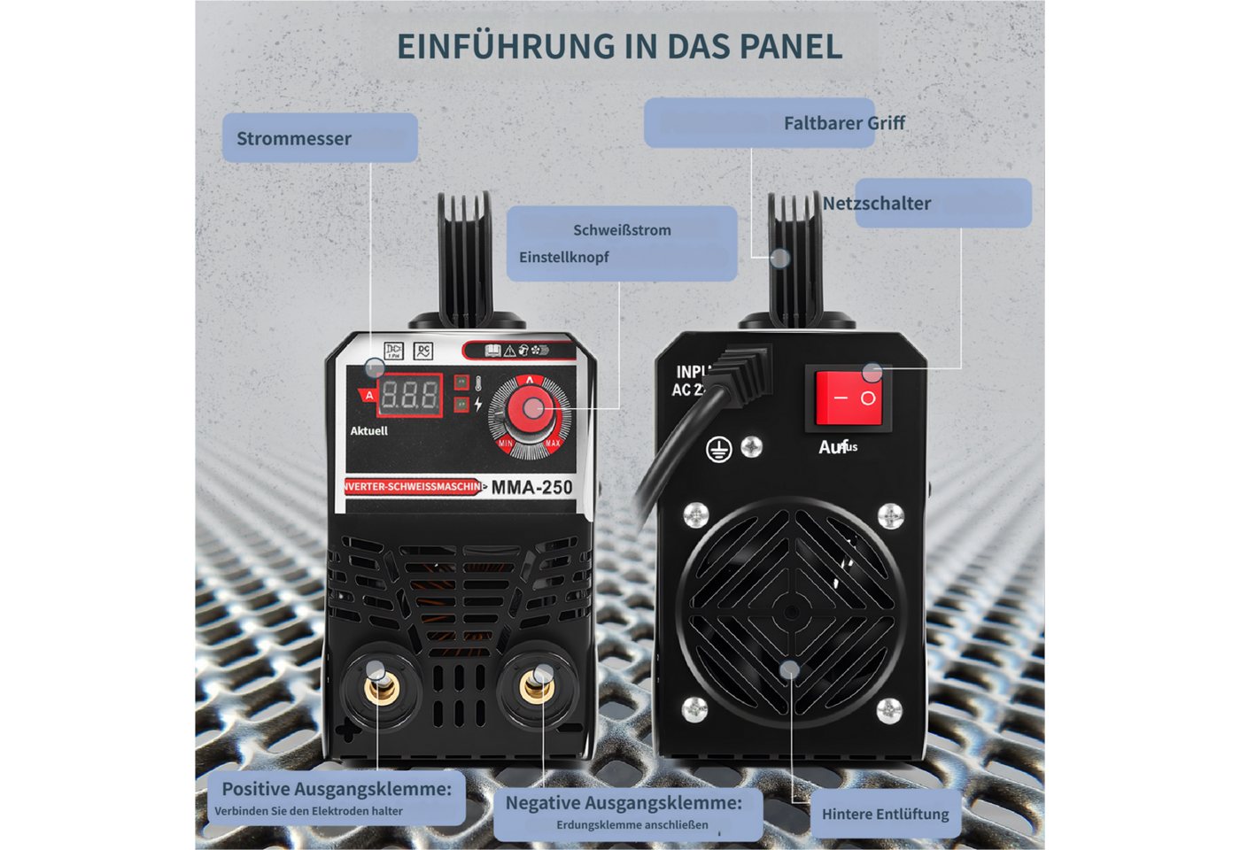 Rutaqian Elektroschweißgerät Elektroschweißgerät, tragbares MMA-250-Elektroschweißgerät, mit Hot-Start-Arc-Force-Antihaftbeschichtung – Bild 3 von 5