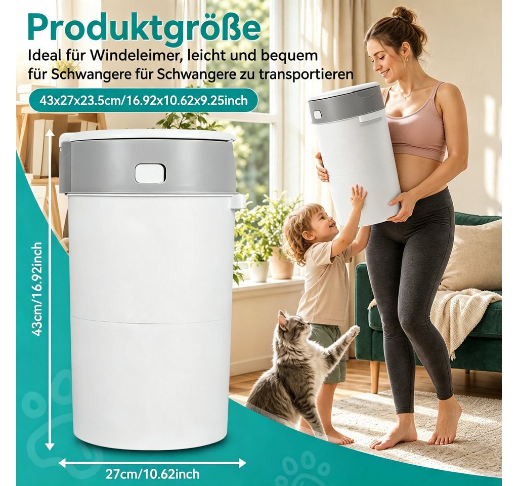 Rutaqian Windeleimer Windeleimer 13L mit Geruchsverschluss und Nachfüllfolie Baby, Windelmülleimer mit 360° Drehgriff einzeln versiegelnd Grau – Bild 2 von 5