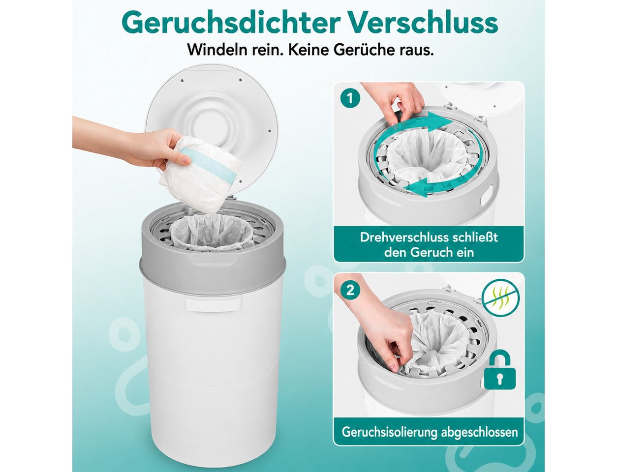 Rutaqian Windeleimer Windeleimer 13L mit Geruchsverschluss und Nachfüllfolie Baby, Windelmülleimer mit 360° Drehgriff einzeln versiegelnd Grau – Bild 3 von 5