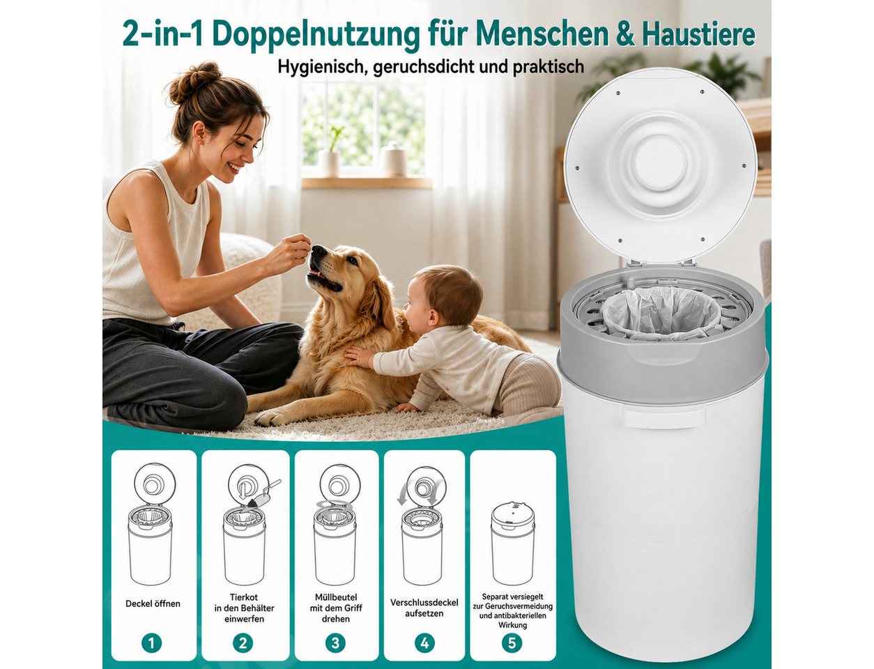 Rutaqian Windeleimer Windeleimer 13L mit Geruchsverschluss und Nachfüllfolie Baby, Windelmülleimer mit 360° Drehgriff einzeln versiegelnd Grau – Bild 4 von 5