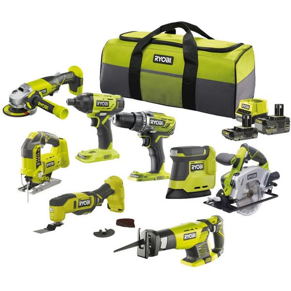 RYOBI Elektrowerkzeug-Set 18 V ONE+ Combo Kit, 8-teilig, mit Tasche, inkl Akkus & Ladegerät, 8er-Set, 8-tlg., 2 Gänge, 8-teilig, GripZone™, Bitaufbewahrung am G