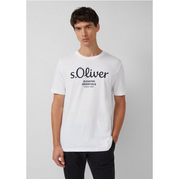 S.OLIVER s.Oliver Herren T-Shirt - Basic, Logoprint, Rundhals, Baumwolle, Größe M in Weiß