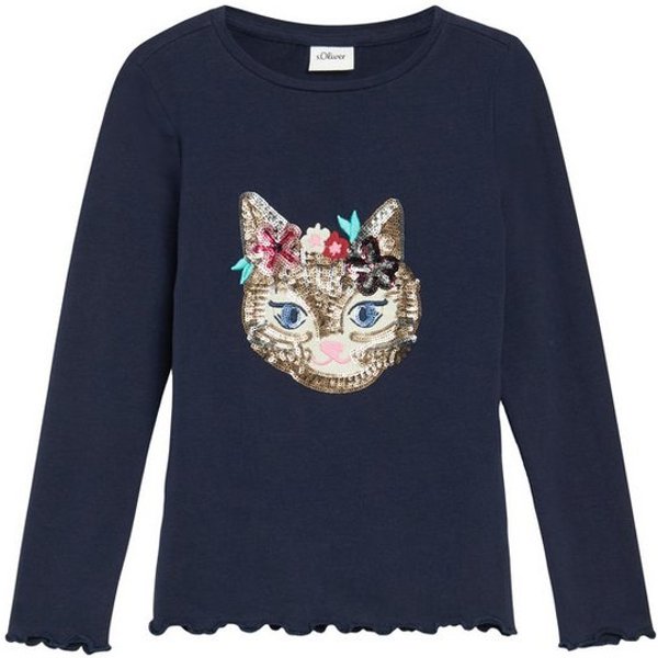 s.Oliver Junior Langarmshirt mit Pailletten-Applikation, gewellter Saum, Baumwolle mit Elasthan