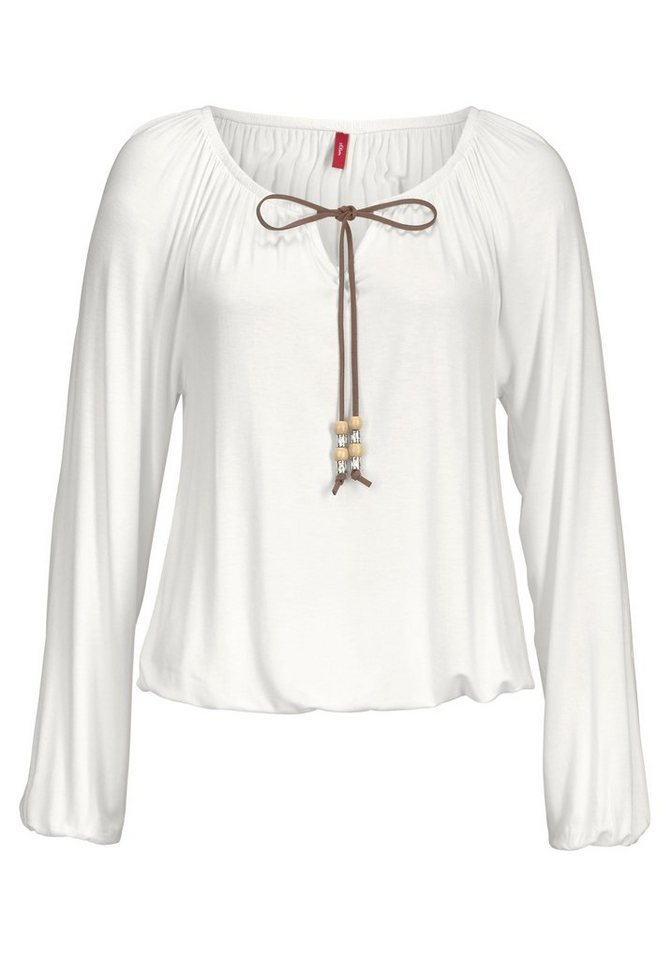 s.Oliver Langarmshirt mit Bindeband in Lederoptik am Ausschnitt, Boho-Style leichtes Viskoseshirt, lockere Passform mit elastischen Abschlüssen – Bild 2 von 5