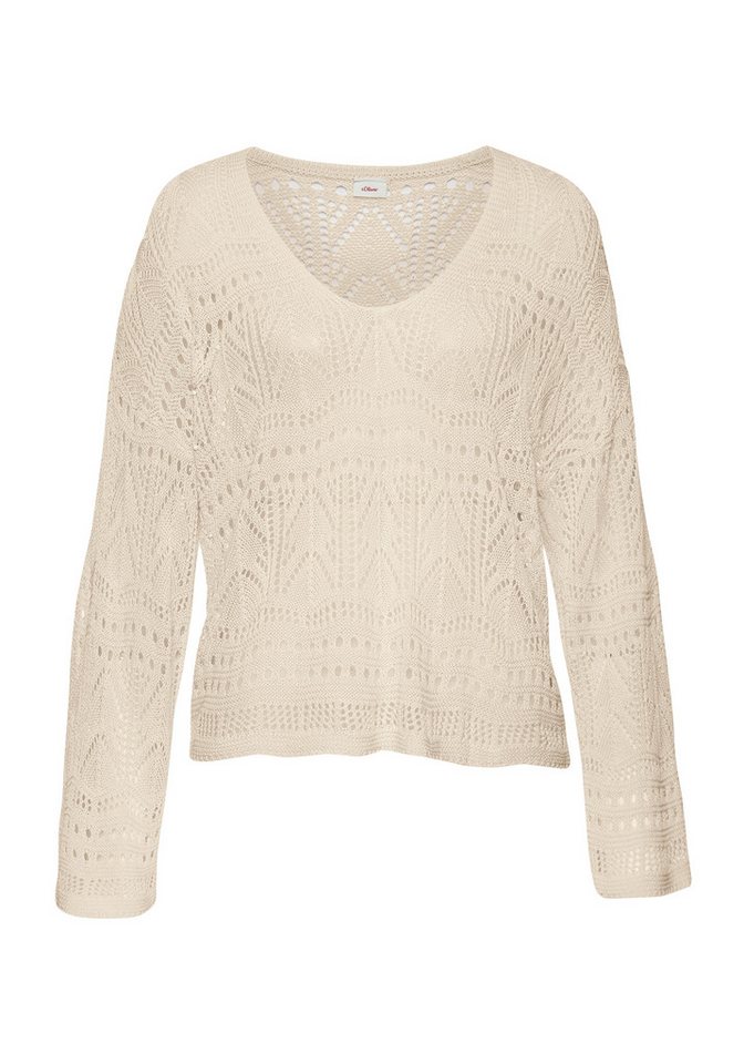 s.Oliver Strandpullover mit semi-transparentem Ajourmuster sommerlicher Strickpullover, V-Ausschnitt-Pullover, Boho, Festival – Bild 2 von 5