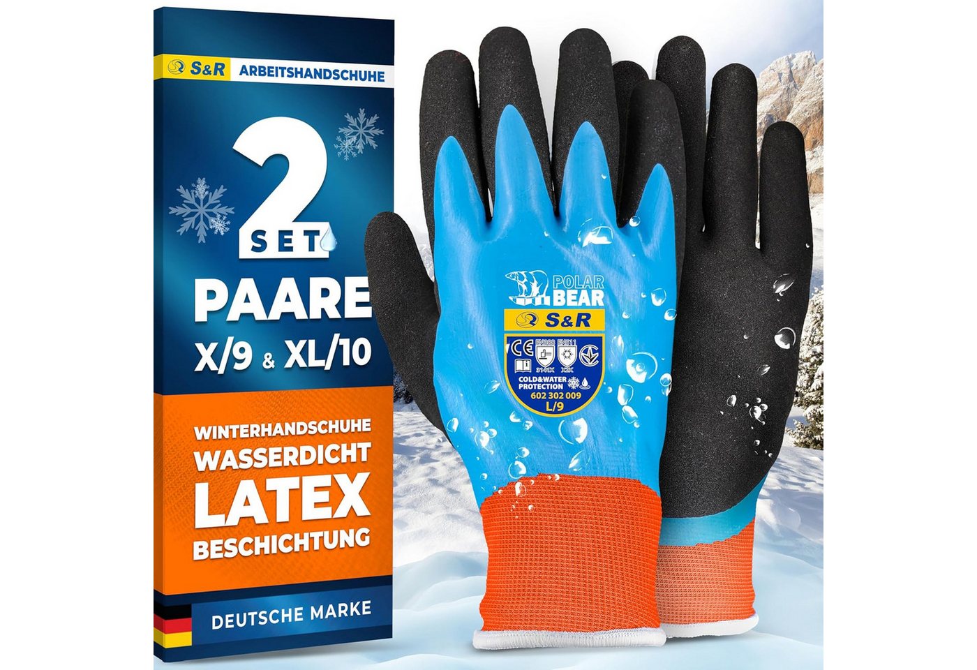 S&R Arbeitshandschuhe PROFI Wärme-Arbeitshandschuhe, 3/4 Anti-Rutsch Wasserdicht (Set, 4-St., 2 Paar L / 9) gefütterte wasserdichte Thermo-Schutzhandschuhe, Lat – Bild 2 von 5