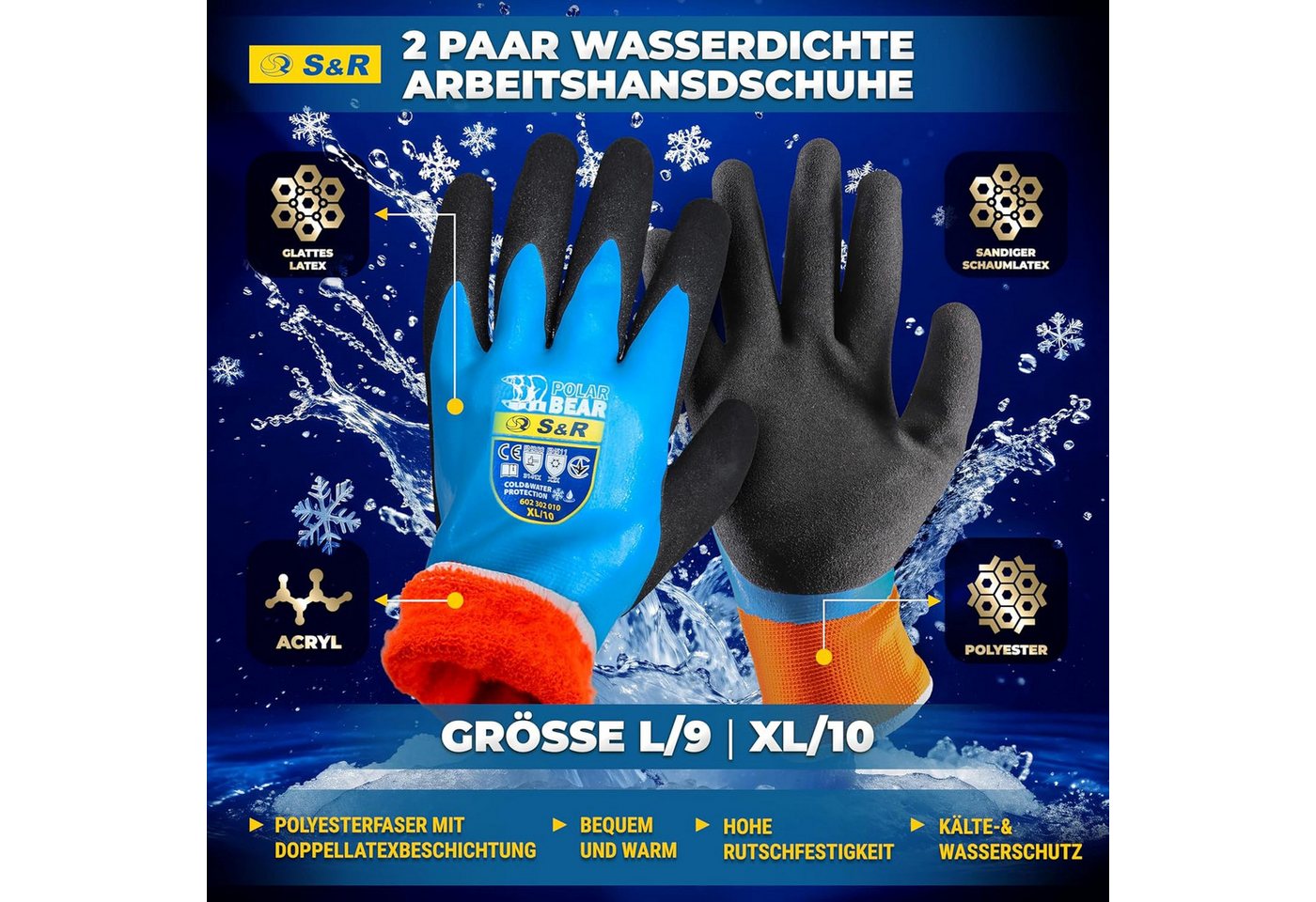 S&R Arbeitshandschuhe PROFI Wärme-Arbeitshandschuhe, 3/4 Anti-Rutsch Wasserdicht (Set, 4-St., 2 Paar L / 9) gefütterte wasserdichte Thermo-Schutzhandschuhe, Lat – Bild 5 von 5
