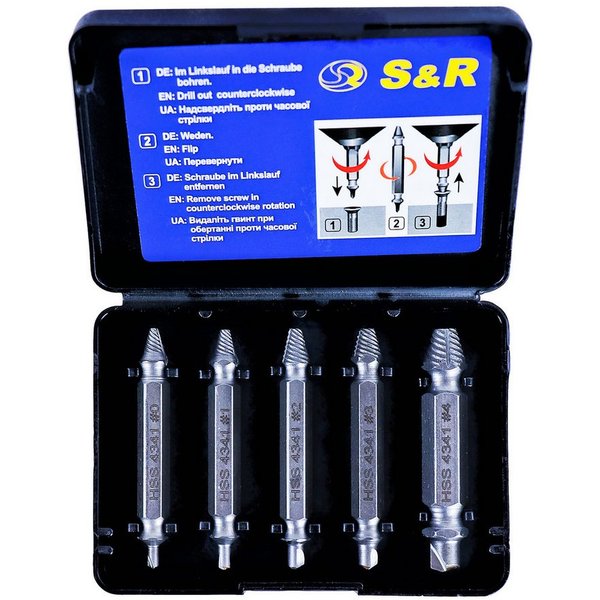 S&R Bit-Schraubendreher Schraubenausdreher-Set, Linksausdreher, doppelseitige Ausdreher-Bits, (Set, 5 St., 5-teilig), Härte HRC 62-63, HSS 4341, in robuster Kun