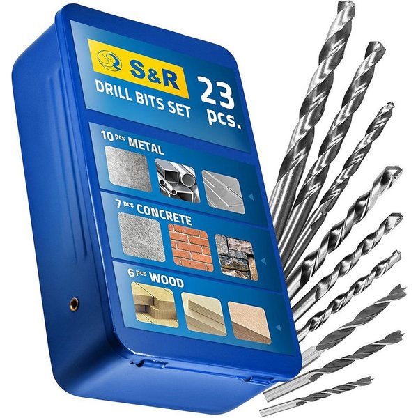 S&R Bohrersatz Professionelle Holzbohrer, Metallbohrer, Steinbohrer, mit Rundschaft, (Set, 23 hochwertige Bohrer: 6 Holzbohrer, 10 Metallbohrer, 7 Betonbohrer),