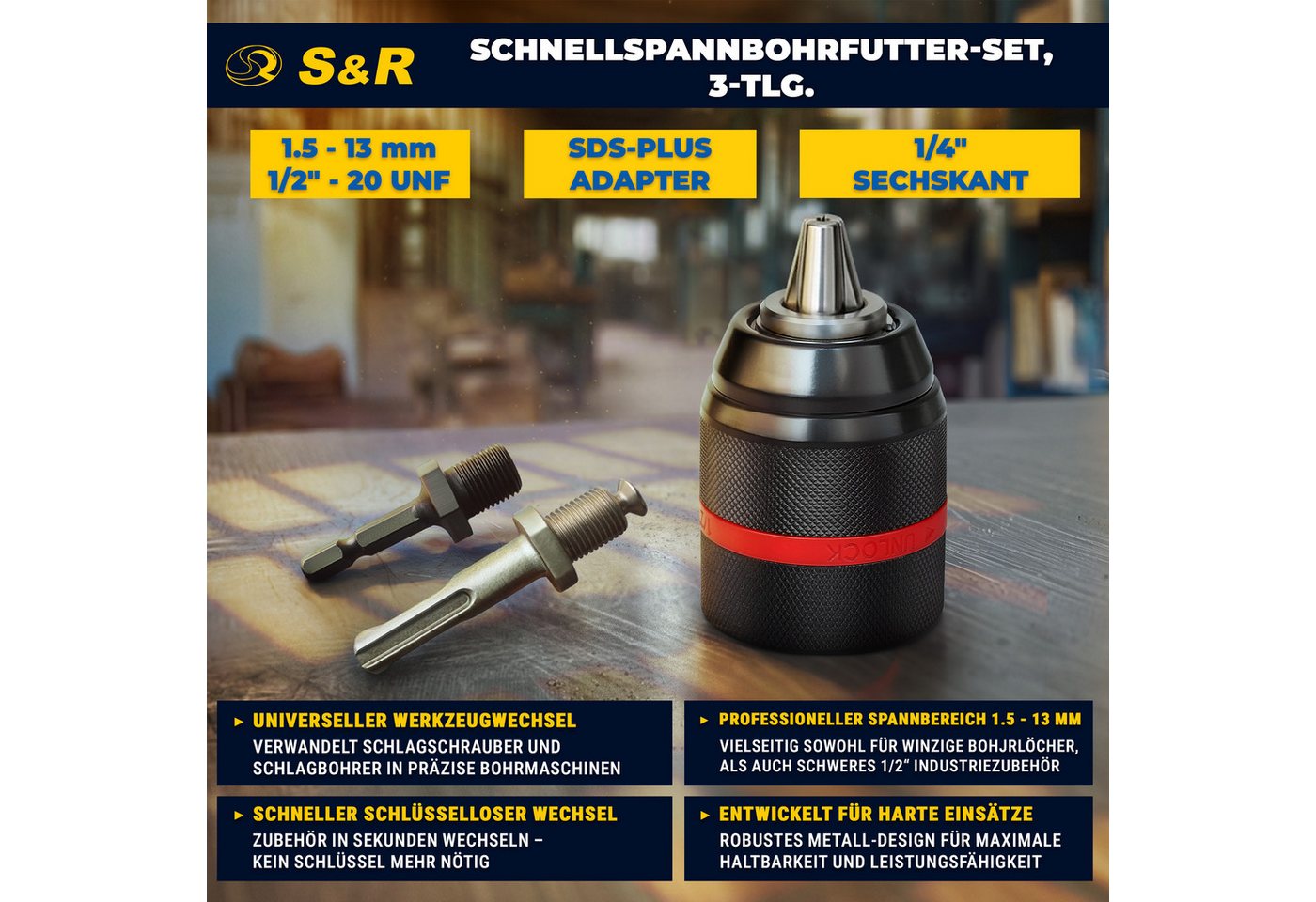 S&R Bohrfutteradapter Schnellspannbohrfutter 2mm - 13mm 1/2-20 UNF mit Adapter SDS-plus, Schnellwechsel-Bohrfutter mit Gewinde – Bild 2 von 5