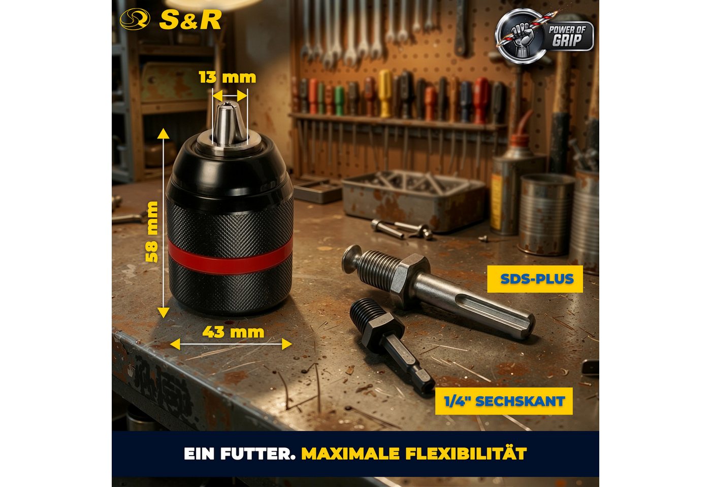 S&R Bohrfutteradapter Schnellspannbohrfutter 2mm - 13mm 1/2-20 UNF mit Adapter SDS-plus, Schnellwechsel-Bohrfutter mit Gewinde – Bild 3 von 5