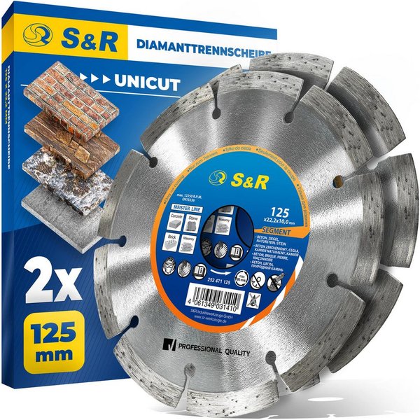 S&R Diamanttrennscheibe 125 x 22,2 mm, Profi Qualität, Hochleistungs-Segmente, UNIVERSAL, Ø 125 mm, zum Trennen von Beton, Naturstein, Stein, Ziegel, Mauerwerk