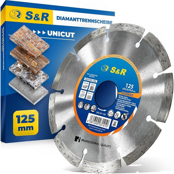 S&R Diamanttrennscheibe 125 x 22,2 mm, Profi Qualität, Hochleistungs-Segmente, UNIVERSAL, Ø 125 mm, zum Trennen von Beton, Naturstein, Stein, Ziegel, Mauerwerk