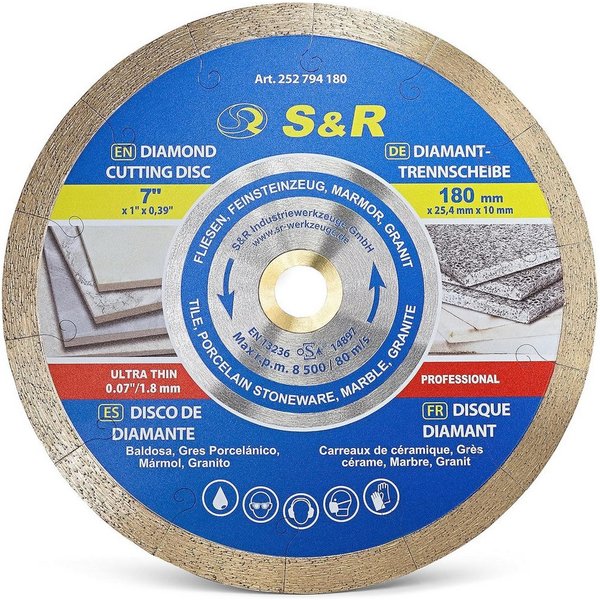 S&R Diamanttrennscheibe 180 x 25,4 x 10 mm, extra dünn, Trennscheibe für sauberes Trennen von, Ø 180 mm, Fliesen, Porzellan, Keramik, Feinsteinzeug, Granit, Mar