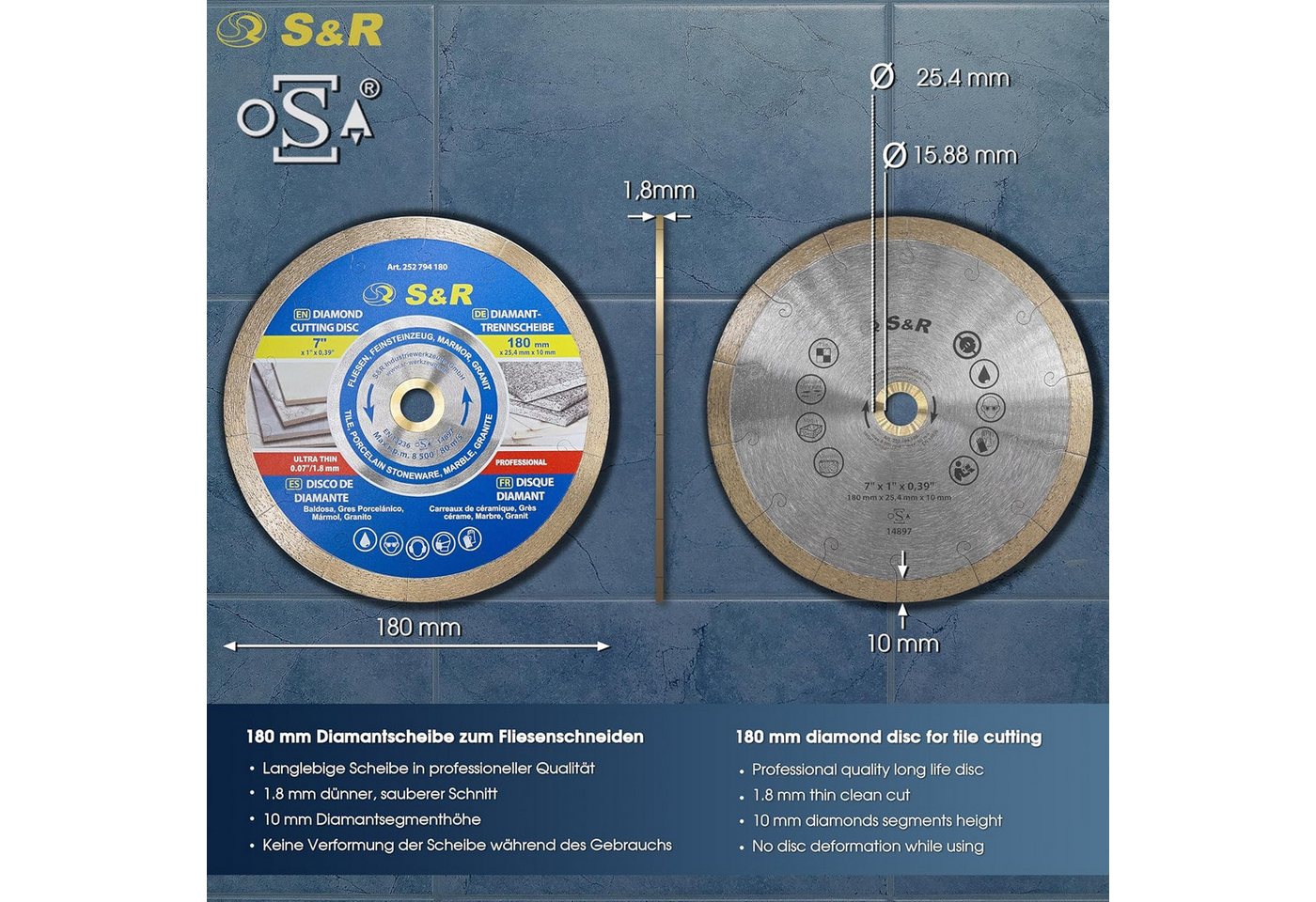S&R Diamanttrennscheibe 180 x 25,4 x 10 mm, extra dünn, Trennscheibe für sauberes Trennen von, Ø 180 mm, Fliesen, Porzellan, Keramik, Feinsteinzeug, Granit, Mar – Bild 3 von 5