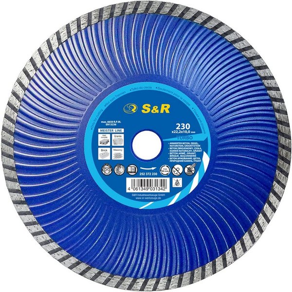 S&R Diamanttrennscheibe 230 x 2,6 x22,2mm TURBO-CUT, Industriequalität, Trennscheibe für Beton, Stahlbeton, Granit, Naturstein, vibrationsarme Wellenkern-Geomet