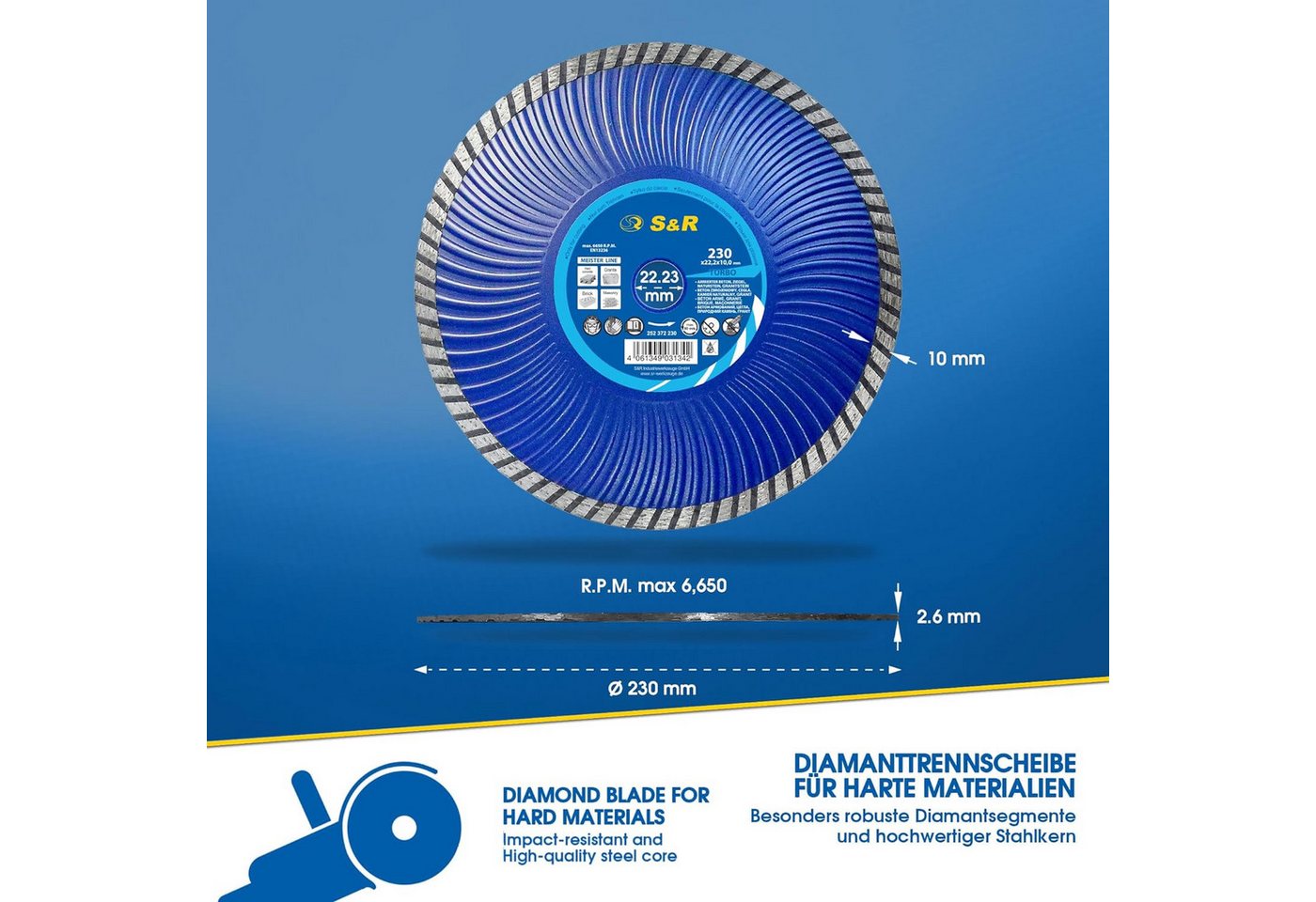 S&R Diamanttrennscheibe 230 x 2,6 x22,2mm TURBO-CUT, Industriequalität, Trennscheibe für Beton, Stahlbeton, Granit, Naturstein, vibrationsarme Wellenkern-Geomet – Bild 2 von 5