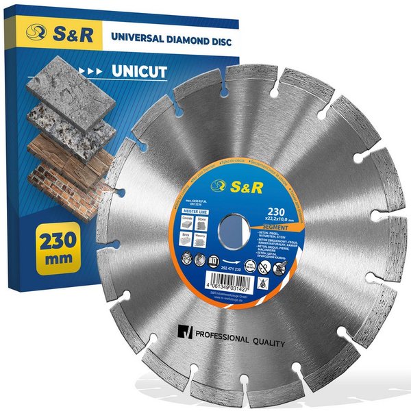S&R Diamanttrennscheibe Professional, Diamant-Trennscheibe zum Trennen von Baumaterialien, Ø 230 mm, (Packung, Einzeln), Beton, Naturstein, Stein, Ziegel, Mauer