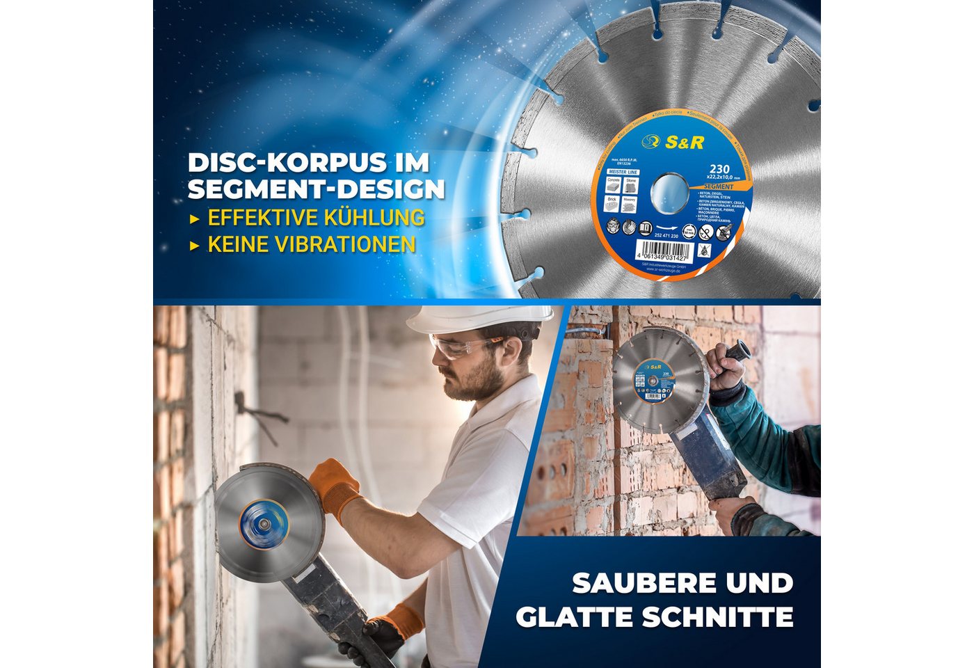 S&R Diamanttrennscheibe Professional, Diamant-Trennscheibe zum Trennen von Baumaterialien, Ø 230 mm, (Packung, Einzeln), Beton, Naturstein, Stein, Ziegel, Mauer – Bild 2 von 5