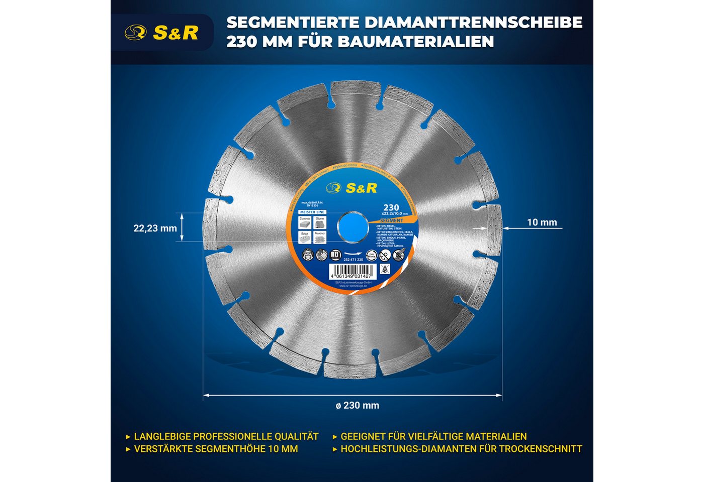 S&R Diamanttrennscheibe Professional, Diamant-Trennscheibe zum Trennen von Baumaterialien, Ø 230 mm, (Packung, Einzeln), Beton, Naturstein, Stein, Ziegel, Mauer – Bild 4 von 5