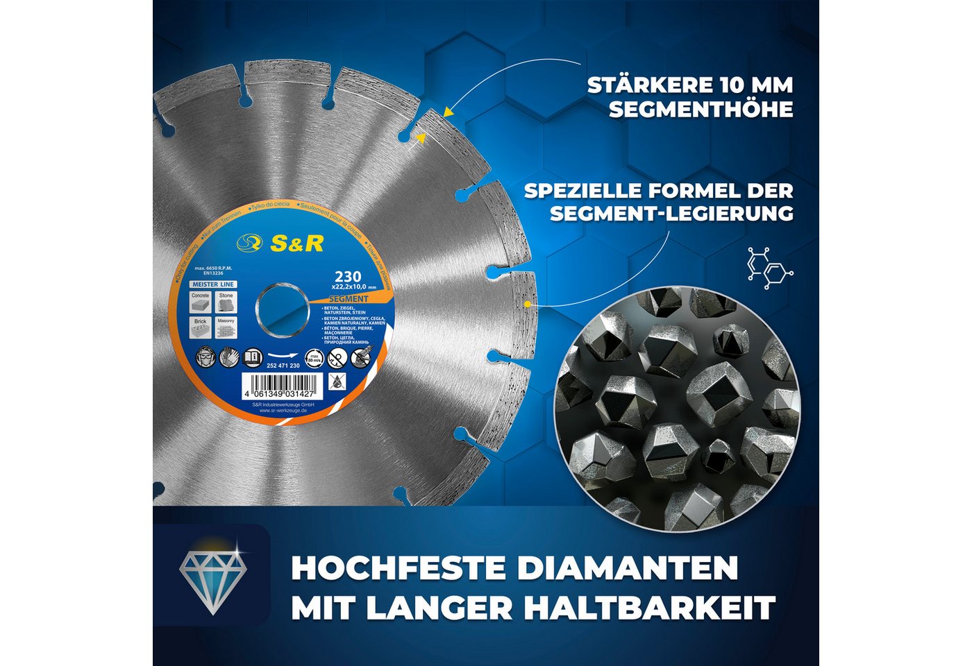S&R Diamanttrennscheibe Professional, Diamant-Trennscheibe zum Trennen von Baumaterialien, Ø 230 mm, (Packung, Einzeln), Beton, Naturstein, Stein, Ziegel, Mauer – Bild 5 von 5