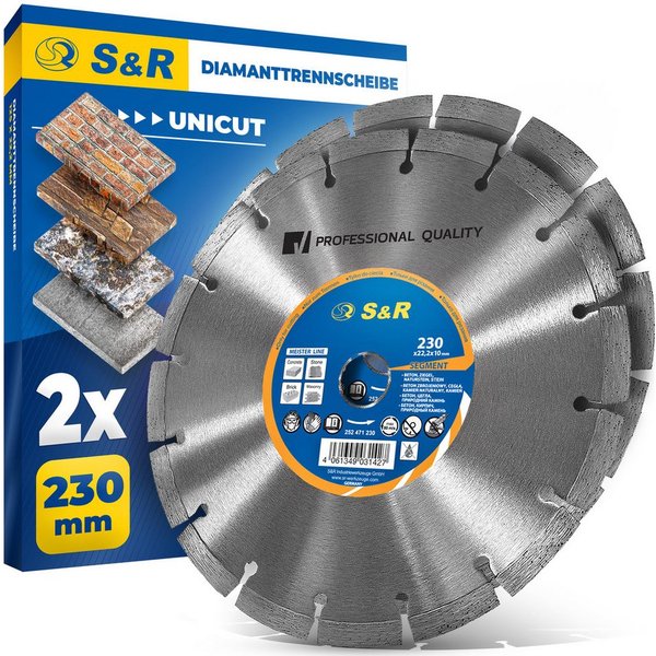 S&R Diamanttrennscheibe Professional, Diamant-Trennscheibe zum Trennen von Baumaterialien, Ø 230 mm, Beton, Naturstein, Stein, Ziegel, Mauerwerk, hohe Standzeit
