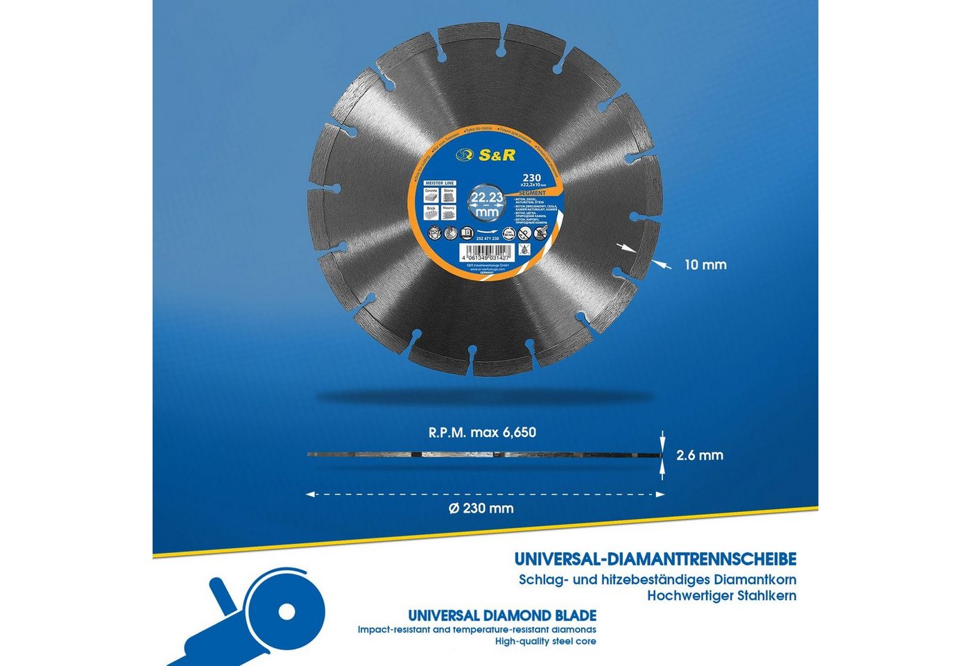 S&R Diamanttrennscheibe Professional, Diamant-Trennscheibe zum Trennen von Baumaterialien, Ø 230 mm, Beton, Naturstein, Stein, Ziegel, Mauerwerk, hohe Standzeit – Bild 2 von 5