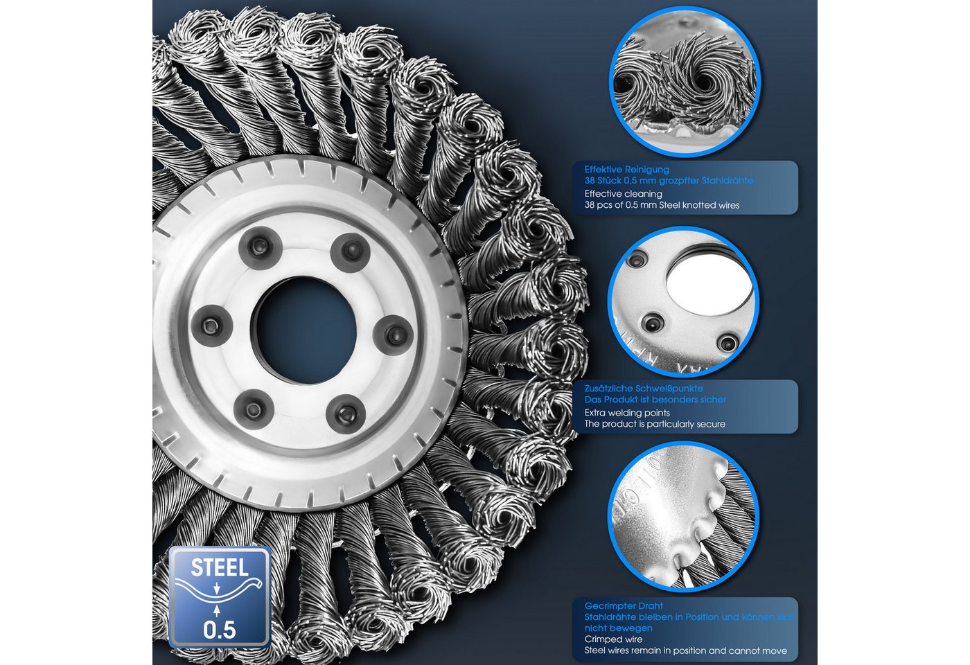 S&R Drahtbürste Stahlbürste, Unkrautbürste 150 mm x 25,4 mm, für Rasentrimmer, (Set, 5-TLG Set mit Zubehör), Motorsense Freischneider, gegen Unkraut, Moos, star – Bild 3 von 5