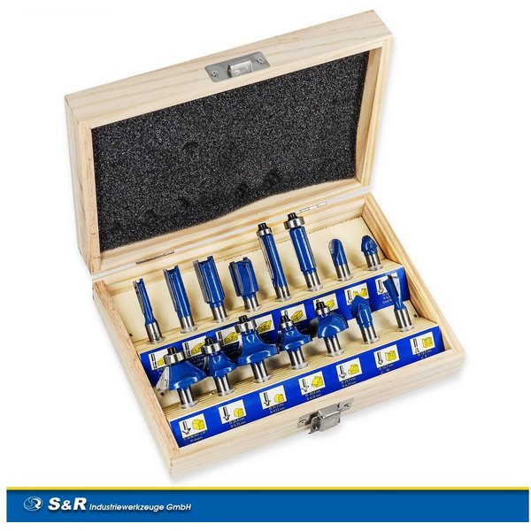 S&R Fräsbohrer HM, Holzfräs-Bits mit 8mm Schaft, Holzkoffer, geschmiedeter Stahl, (Set, 15-tlg), Schneidplatten aus HM, Fräser für Oberfräse in robuster Holzbox