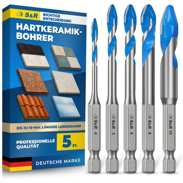 S&R Glasbohrer Professional Keramikbohrer Set 5-tlg, 4mm 5mm 6mm 8mm 10mm, für Feinsteinzeug, Keramik, Hartkeramik, Granit, Glas, Marmor