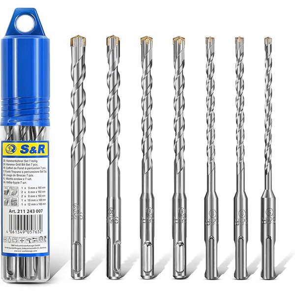S&R Hammerbohrer Set Meister - SDS Plus, 4plus Zentro, 4 Schneiden Geometrie, (Set, 7-tlg: 5, 6, 8, 10, 12 mm x 160 mm), für Stahlbeton, (armierten) Beton, Stei