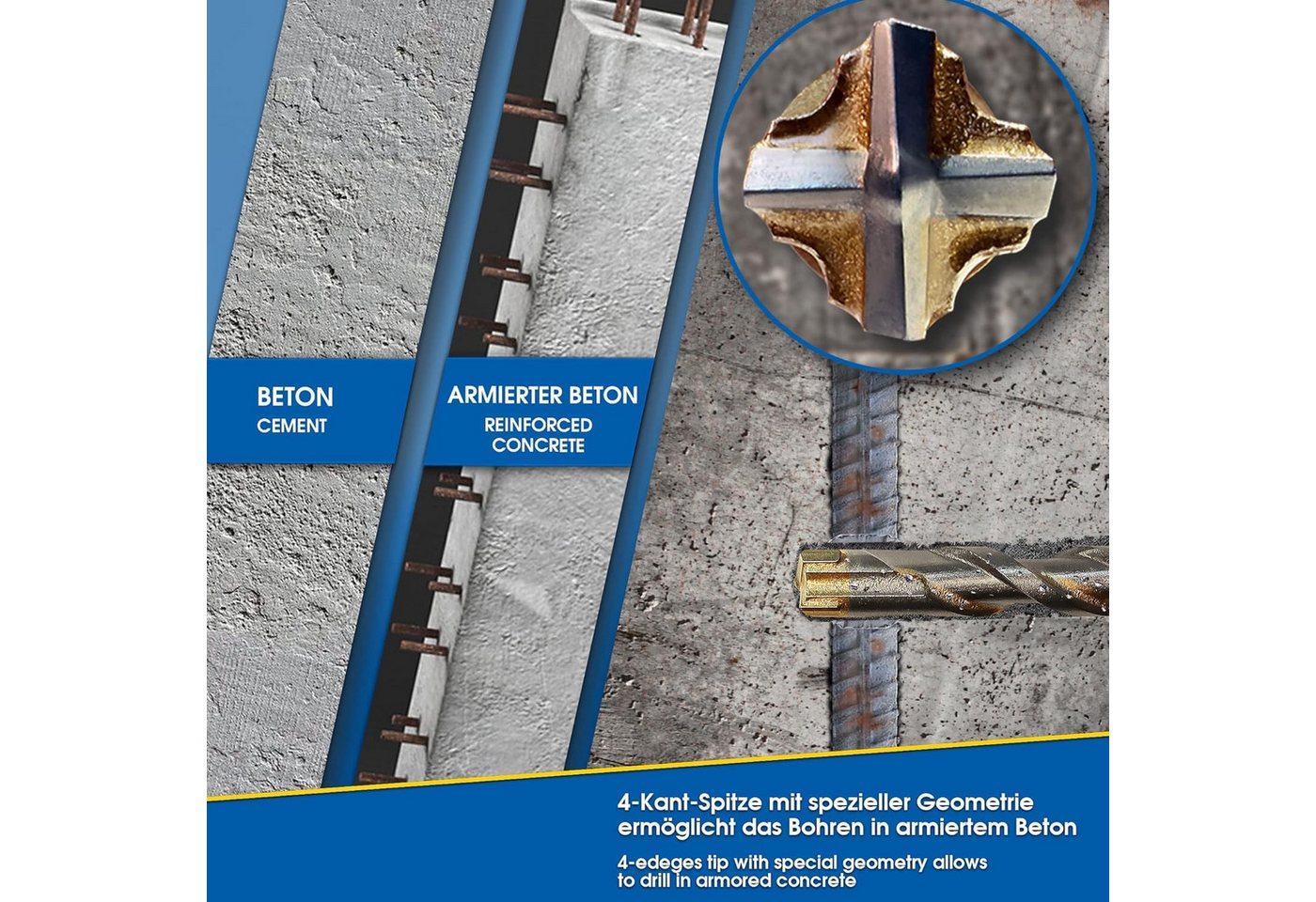 S&R Hammerbohrer Set Meister - SDS Plus, 4plus Zentro, 4 Schneiden Geometrie, (Set, 7-tlg: 5, 6, 8, 10, 12 mm x 160 mm), für Stahlbeton, (armierten) Beton, Stei – Bild 2 von 5