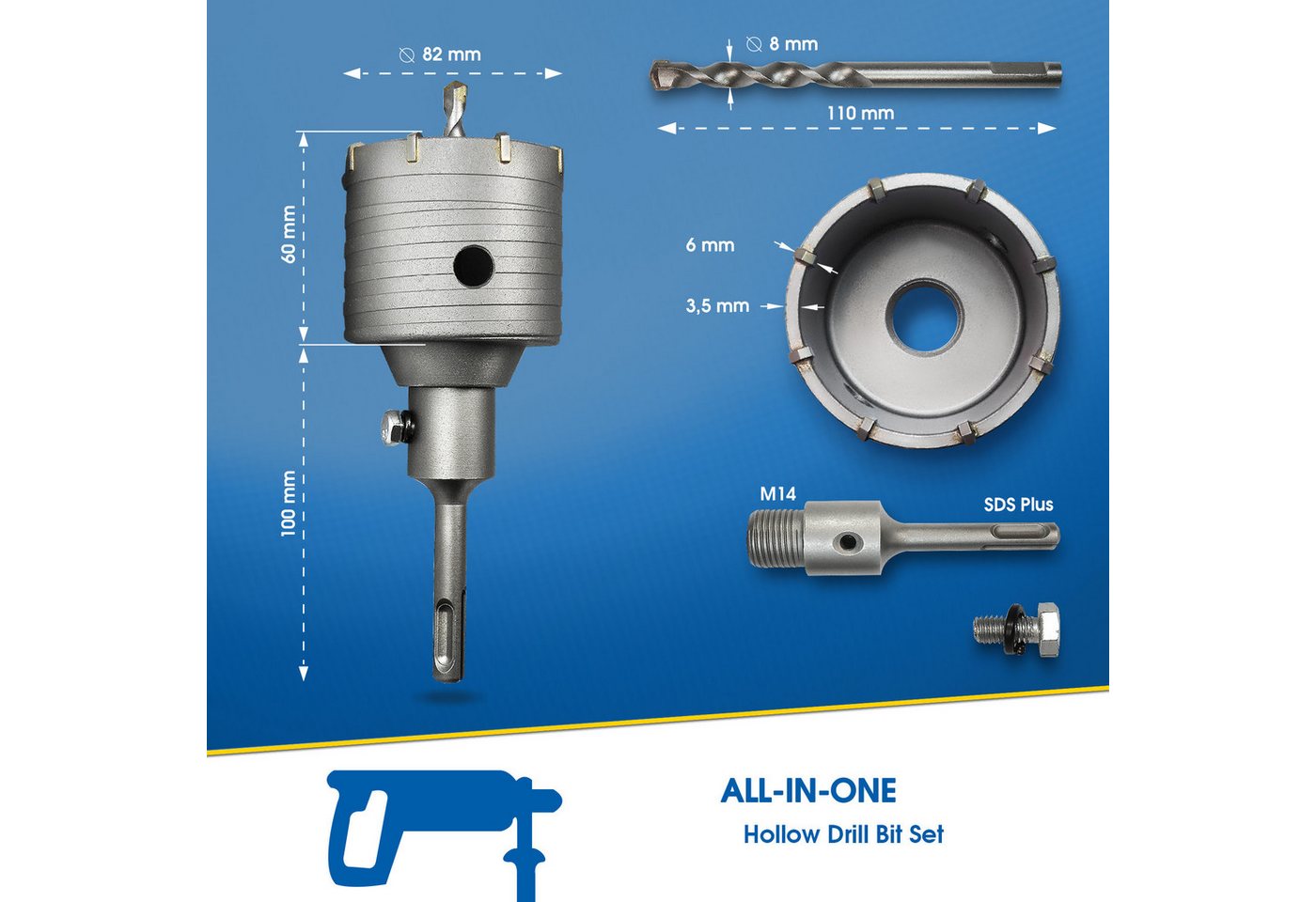 S&R Hohlbohrkrone Ø 82mm, Hammerschlagfest, für Bohrhämmer, Lochsäge, Steckdosenbohrer, Set, 3-tlg., + SDS plus Adapter 110mm und Zentrierbohrer 8x110mm, für Ma – Bild 2 von 5