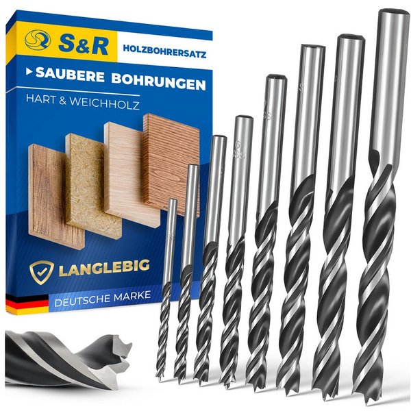 S&R Holzbohrer Dübelbohrer, Premium Holzspiralbohrer in Kunststoffbox, (Satz, 8-tlg: 3, 4, 5, 6, 7, 8, 9, 10 mm), HSS-Bohrer mit effektiver Doppelspirale