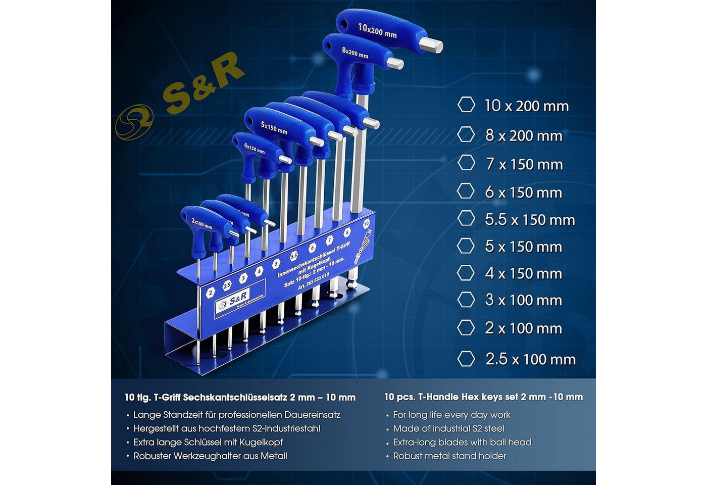 S&R Innensechskantschlüssel HX, S2 Hochleistungsstahl, T-Griff, zuverlässiger Korrosionsschutz, (Set, 10-tlg 2 mm - 10 mm), mit Kugelkopf, Werkzeughalter aus Me – Bild 2 von 5