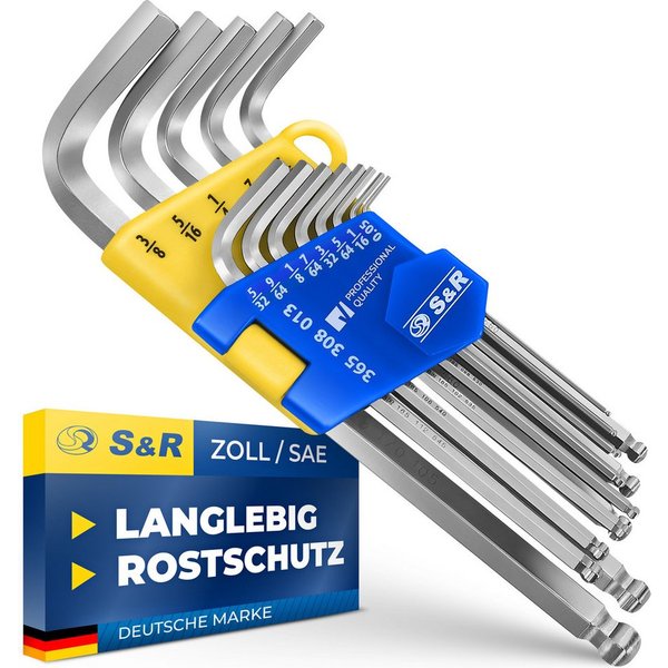 S&R Innensechskantschlüssel Innensechskantschlüssel Satz HX,13-tlg mit Kugelkopf in Kunststoffclip (Set, 13 St., 13-tlg, 0,05 bis 3/8 Zoll), 0,05 Zoll bis 3/8 Z