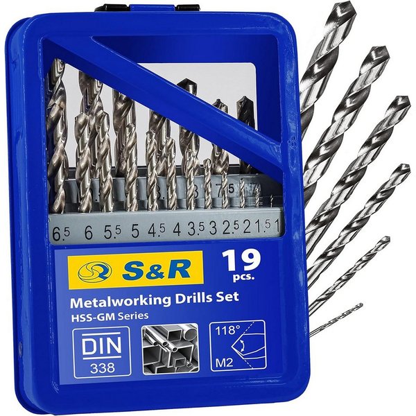 S&R Metallbohrer Industrie-Qualität, extra hohe Standzeit,118° Spitzenwinkel, HSS-Stahl, (Set, 19-teilig, ø 1-10 mm), DIN 338, geschliffen, Stahlbohrer-Satz, in